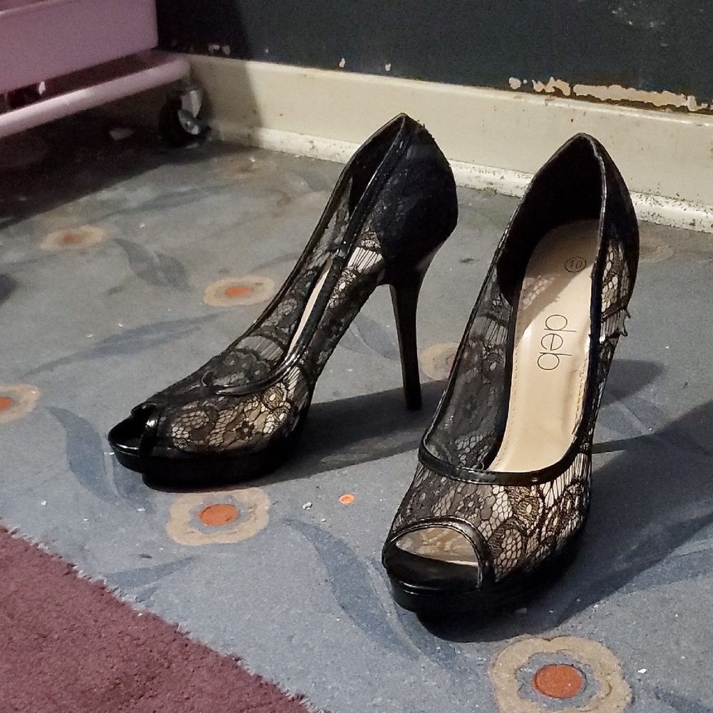 Deb Black Lace Peep Toe Heels